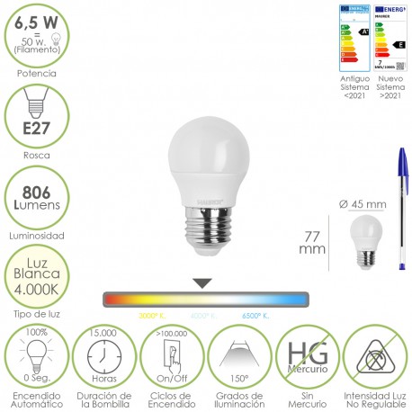 Bombilla Led Esfera Rosca E27. 6.5 Watt. Equivale A 50 Watt. 806 Lumenes. Luz Neutra 4000º K.