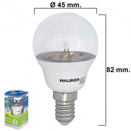 Bombilla Led Esferica Transparente Rosca E14 5 W.= 40 W. 470 lúmenes. Luz calida. (3000°K).